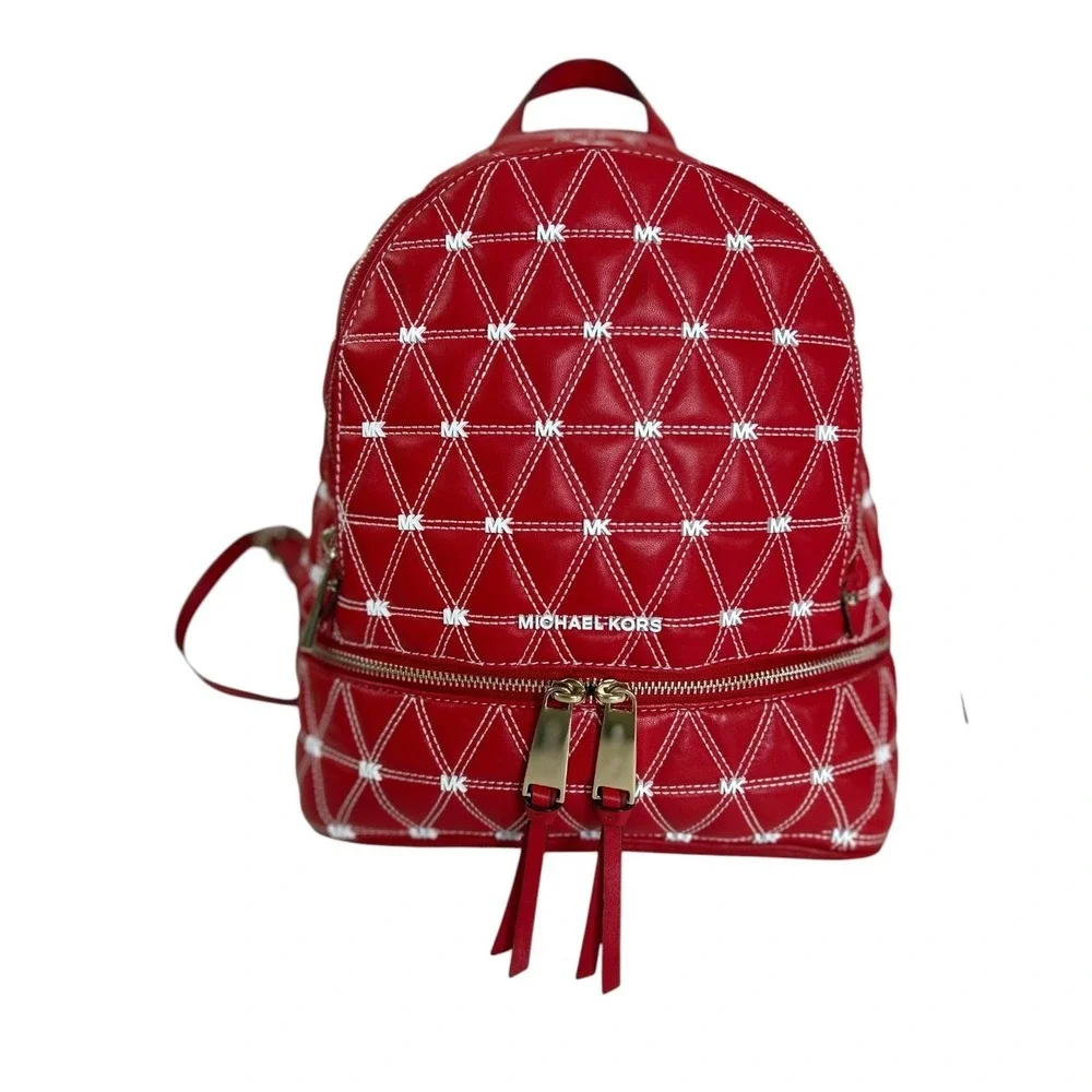 Michael Kors Rhea Medium Zip Quilted Leather Backpack – Bright Red